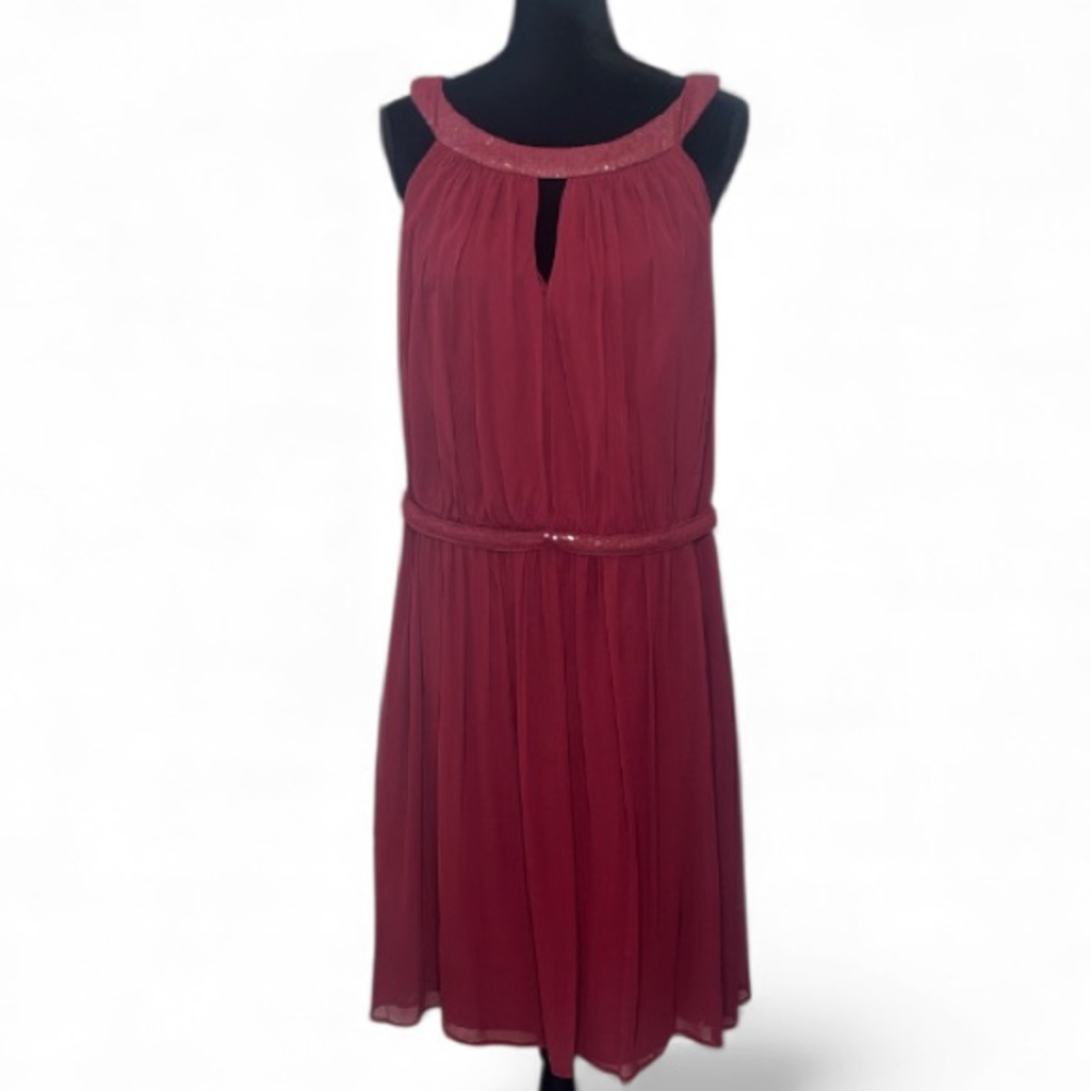 Dessy Collection - Sequin Embellished Ruby Chiffon Formal Dress - Size 20